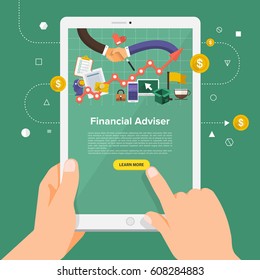 Flat design concept learning about business online with hand hold tablet. Vector illustrate.