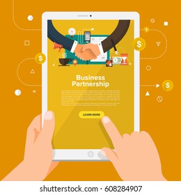 Flat design concept learning about business online with hand hold tablet. Vector illustrate.