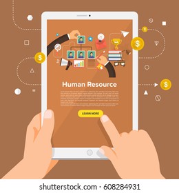 Flat design concept learning about business online with hand hold tablet. Vector illustrate.