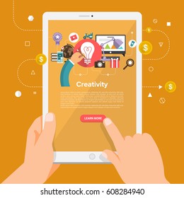 Flat design concept learning about business online with hand hold tablet. Vector illustrate.