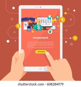 Flat design concept learning about business online with hand hold tablet. Vector illustrate.