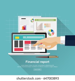 Flat design concept magnifying glass, analysis of financial report. Financial audit concept. Auditing tax process and laptop. vector illustration. 