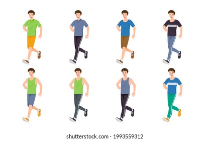 Flat design concept of man with different poses, presenting process gestures and actions. Vector cartoon character design set. 