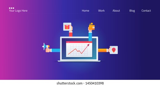 Flat design concept of marketing mix, hands coming out of laptop for digital marketing, paid media, maps with growing business arrow - vector illustration