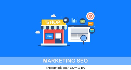 Flat design concept for Marketing SEO, Search engine optimization, Digital marketing on blue background