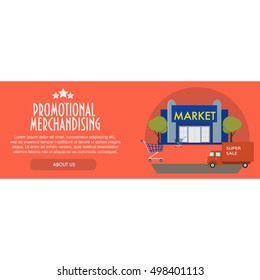 Flat design concept marketing template banner of a point of sales with a "promotional merchandising" text, a big  store front building, a landscape and a delivery car with a "super sale" typography.