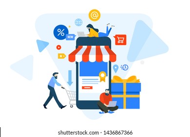 Flat design concept of  m-commerce, online shopping. Vector illustration for website banner, marketing material, business presentation, online advertising.