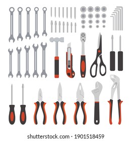 Flat design concept mechanical tools, mechanical tools collection and carpentry tools in red isolated on white background