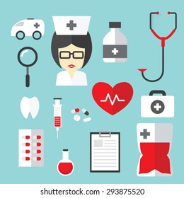 Flat design concept with medicine background with medical, health, healthcare, nurse, pills, cross symbols.