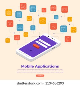 Flat design concept of mobile applications and smartphone device. Isometric vector illustrations.
