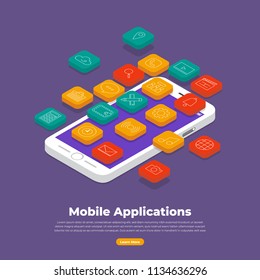 Flat design concept of mobile applications and smartphone device. Isometric vector illustrations.