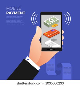 Flat design concept mobile. Hand holds device for payment online. Vector illustrate.