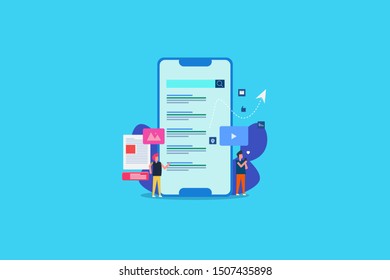 Flat design concept - Mobile marketing, Digital marketing, People, marketing strategy - vector illustration on blue background