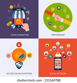 Flat design concept of mobile marketing, partnership, social network, secure online shopping