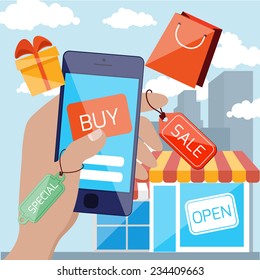 Flat design concept for mobile marketing and online shopping with hand holding smartphone with discount tags and touching button buy on urban background