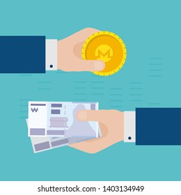 Flat Design Concept of Monero Gold Coin and South Korean Won  Exchange. Hands Holding Crypto Currency Coins and Making Exchange. Crypto Currency Business Idea Concept Isolated Vector illustration
