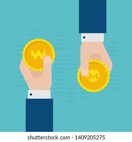 Flat Design Concept of Monero Gold Coin and South Korean Won Exchange. Hands Holding Crypto Currency Coins and Making Exchange. Crypto Currency Business Idea Concept Isolated Vector illustration