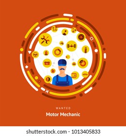 Flat design concept motor mechanic man. job for automotive knowledge. Vector illustrate.