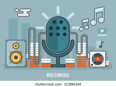 Flat design concept of music gadgets and multimedia devices. Concept of Sound and Music production, recording studio. Thin line flat design. Vector Illustration.