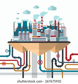 Flat design concept of nature pollution. Industrial landscape with factory buildings, smoking pipes, wires, constructions, communications. Vector illustration