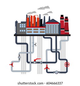 Flat design concept of nature pollution. Industrial landscape with factory buildings, smoking pipes, wires, constructions, communications. Vector illustration