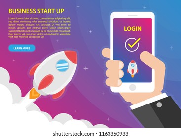Flat design concept for new business project start up, rocket symbol launching new product or service