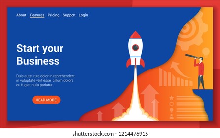 Flat Design Concept On Business Start Theme. Vector Illustration Mock-up For Website And Mobile Website. Landing Page Template.