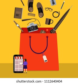 Flat design concept onine shopping and product down to bag. Vector illustrations.