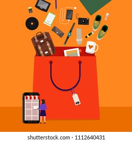 Flat design concept onine shopping and product down to bag. Vector illustrations.