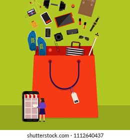 Flat design concept onine shopping and product down to bag. Vector illustrations.