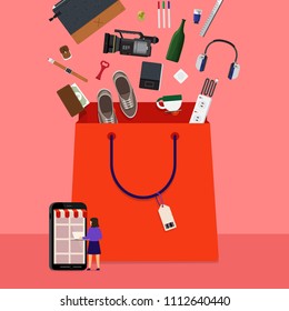 Flat design concept onine shopping and product down to bag. Vector illustrations.
