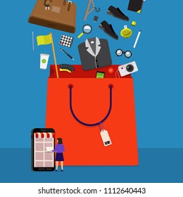 Flat design concept onine shopping and product down to bag. Vector illustrations.