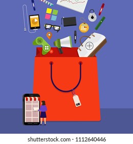 Flat design concept onine shopping and product down to bag. Vector illustrations.