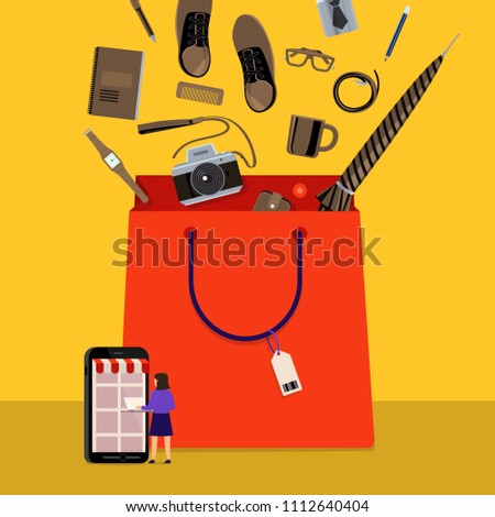 Flat design concept onine shopping and product down to bag. Vector illustrations.
