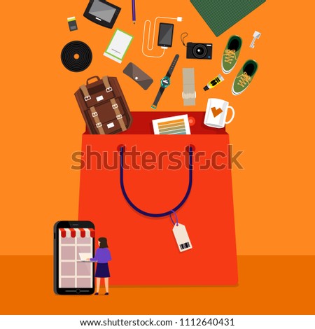 Flat design concept onine shopping and product down to bag. Vector illustrations.