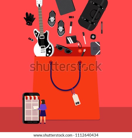 Flat design concept onine shopping and product down to bag. Vector illustrations.