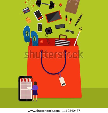 Flat design concept onine shopping and product down to bag. Vector illustrations.