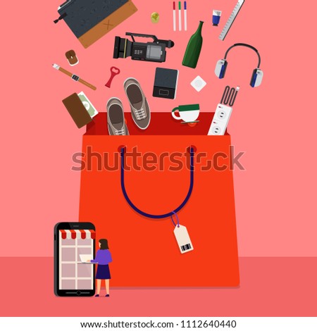 Flat design concept onine shopping and product down to bag. Vector illustrations.