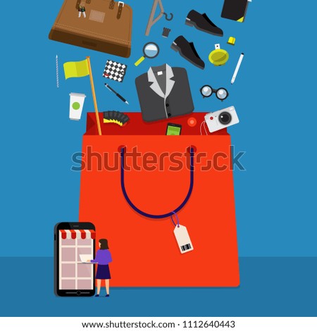 Flat design concept onine shopping and product down to bag. Vector illustrations.