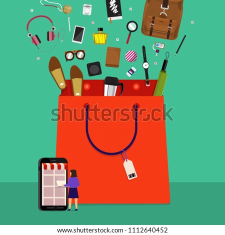 Flat design concept onine shopping and product down to bag. Vector illustrations.