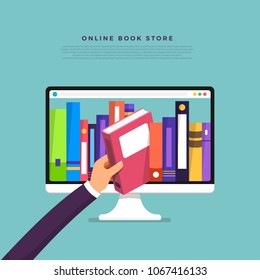 Flat design concept online books store. Hand pick book from internet device. Vector illustrate.