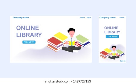 Flat design concept online books store. Landing page of e-book reading company or online library. Vector illustrate.
