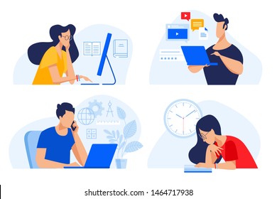 Flat design concept of online education, training and courses, learning, video tutorials. Vector illustration for website banner, marketing material, presentation template, online advertising.