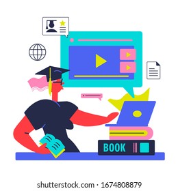 Flat design concept of online education, training and courses, learning, video tutorials. Vector illustration for website banner, marketing material, presentation template, online advertising.