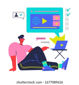 Flat design concept of online education, training and courses, learning, video tutorials. Vector illustration for website banner, marketing material, presentation template, online advertising.