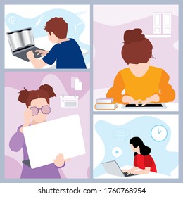 Diseño plano de la educación en línea, el aprendizaje, la formación y los cursos. Concepto de comunicación en línea de vídeo. Ilustración vectorial.