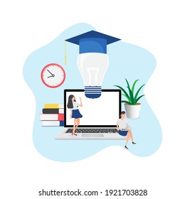 Flat design concept of online education, training and courses, learning, video tutorials. Vector illustration for website banner, marketing material, presentation template, online advertising.