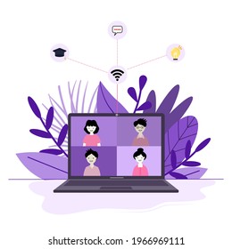 Flat design concept of online education training and courses, meeting, video tutorials.Vector illustration material, presentation template, online advertising. Can be used for your work.