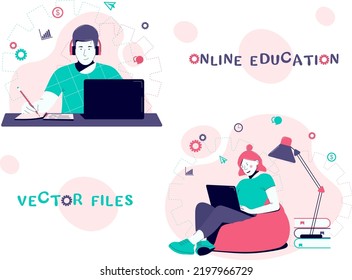 Flat design concept of online education, training and courses, training, video tutorials. Vector illustration for a website banner, marketing materials, presentation template, online advertising.