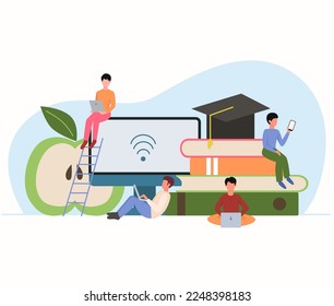 Flaches Design Konzept der Online-Bildung. E-Learning. Moderne flache Vektorgrafik des Lernens zu Hause, Online-Tutorials, Fernarbeit für Unternehmen.